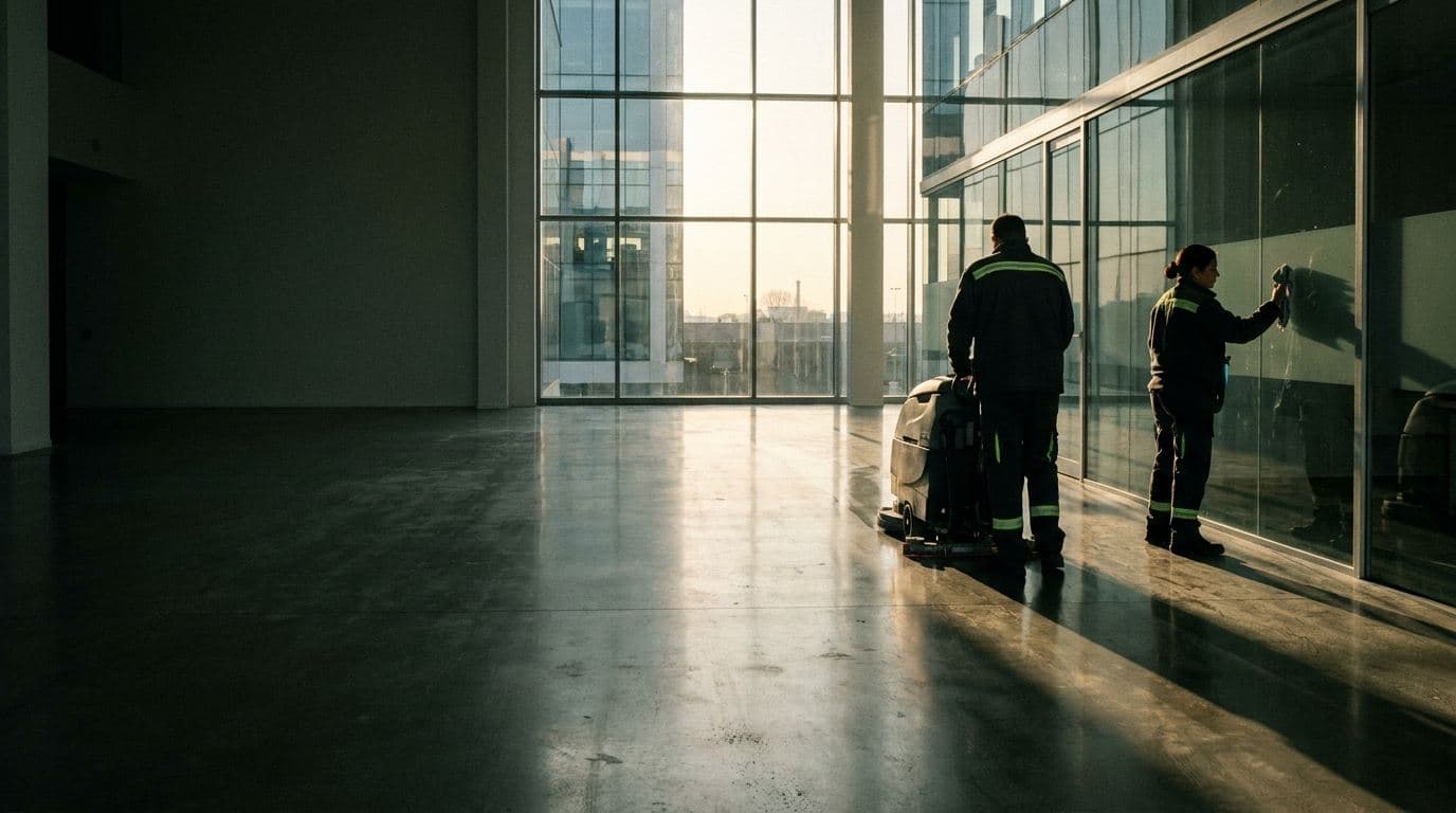 Two commercial cleaners at work in an office lobby at sunrise, one operating a floor scrubber and the other cleaning a glass wall.